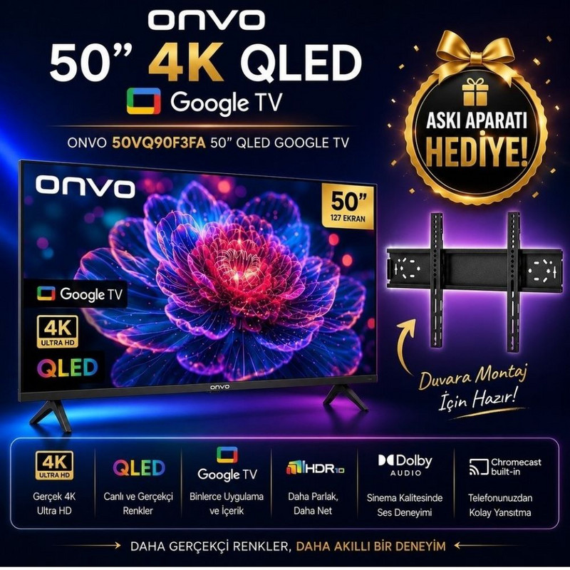 ONVO 50VQ90F3UA Uydu Alıcılı Google Smart 50 inç 127 cm 4K UHD QLED TV