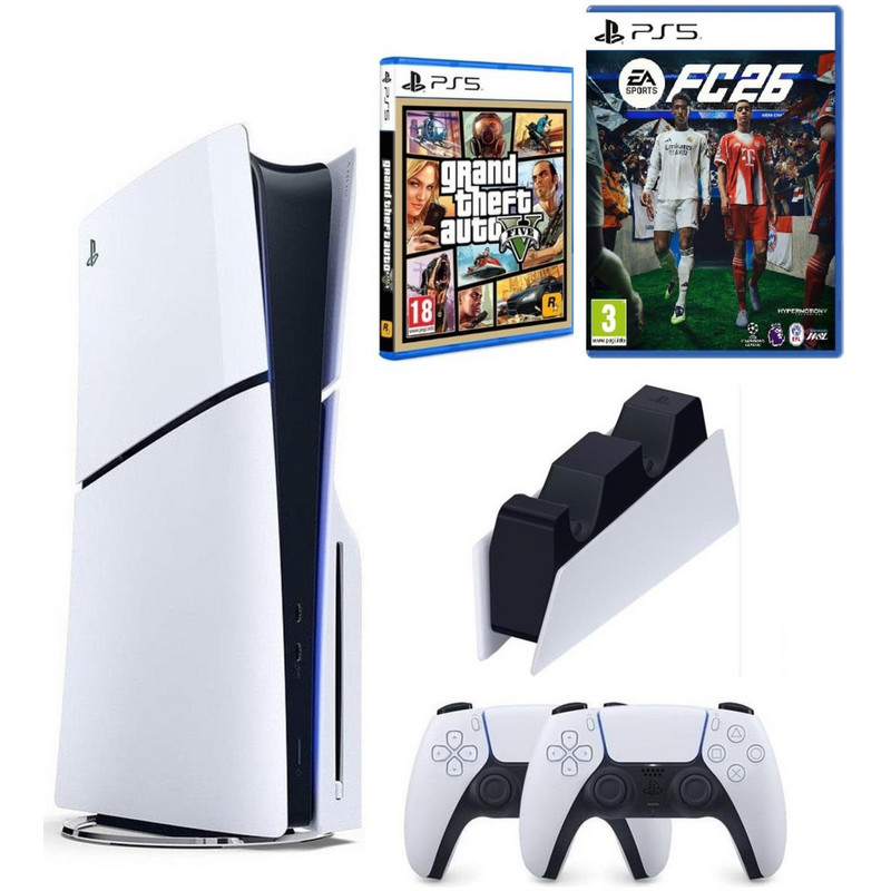 SONY 2.Kol Dualsense +Şarj İstasyonu+PS5 FC26+GTA V+Playstation 5 Slim (İthalatçı Garantili) Oyun Konsolu Beyaz