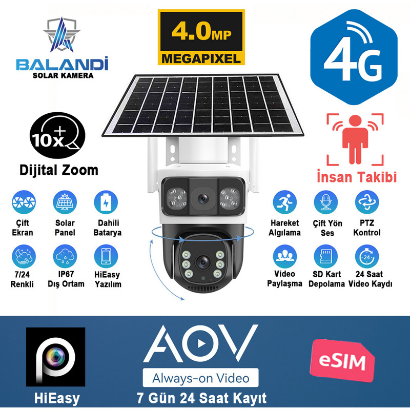 BALANDI Pro-8200GIP 4MP 2 Kameralı 4G AOV E-SİM (Hieasy) Solar Kamera Çok Renkli
