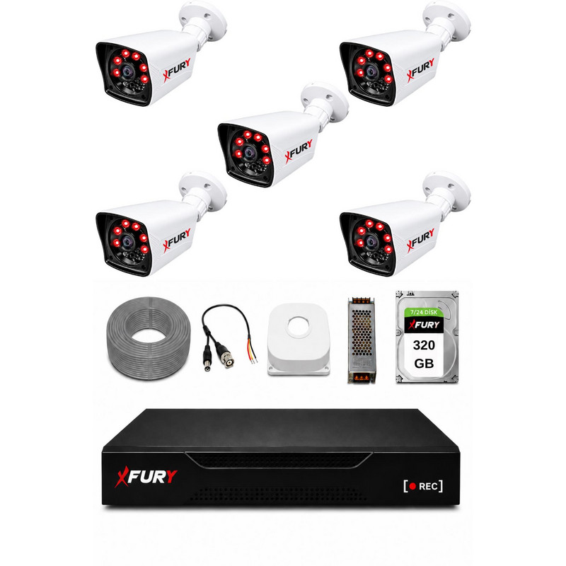 FURY 5 Kameralı 2MP 1080P Full HD 6 Atom LED Gece Görüşlü 320 GB HDD 5525 Güvenlik Kamera Seti Beyaz